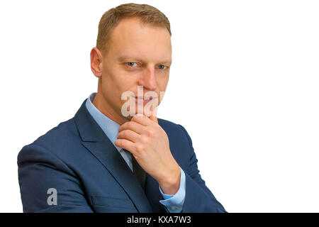 body language. man in business suit stroking the chin isolated on white background Stock Photo