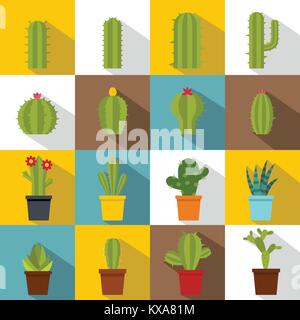 Different cactuses icons set, flat style Stock Vector