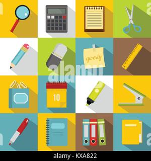 Stationery symbols icons set, flat style Stock Vector