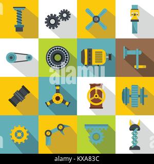 Techno mechanisms kit icons set, flat style Stock Vector