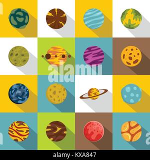 Fantastic planets icons set, flat style Stock Vector