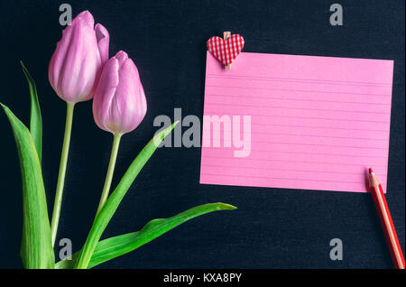 Greeting card idea with pink tulips a red notebook sheet with stripes, a wooden pencil and a wooden clip with a heart on it, on a black background. Stock Photo