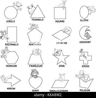 Educational Cartoon Illustration of Basic Geometric Shapes with Captions and Animal Characters for Children Stock Vector