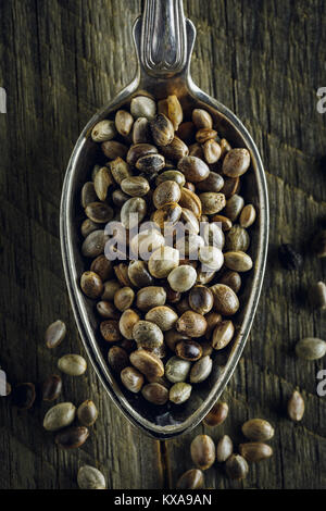 Dried hemp seeds in a spoon on a wooden background. Macro shot. Stock Photo