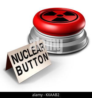 Nuclear button war threat concept as an atomic bomb launcher on a desk as a dangerous missile launch symbol as a 3D illustration. Stock Photo