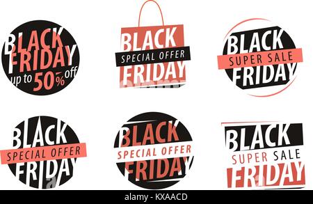 Black Friday, banner. Sale, closeout, shopping emblem or label. Set of icons vector illustration Stock Vector