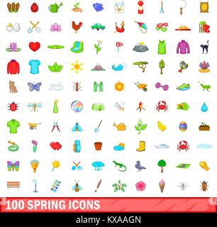 100 spring icons set, cartoon style Stock Vector