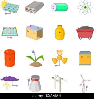 Energy sources items icons set, cartoon style Stock Vector