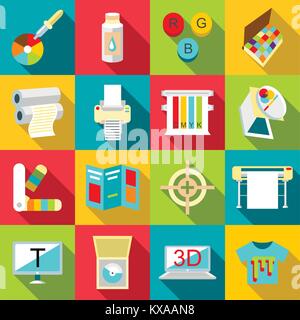 Printing processes icons set, flat style Stock Vector