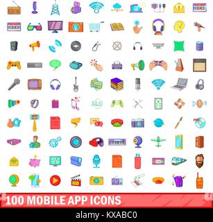 100 mobile app icons set, cartoon style Stock Vector
