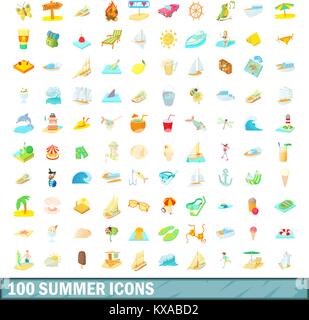 100 summer icons set, cartoon style Stock Vector