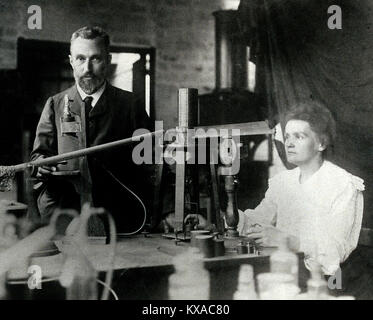 Pierre and Marie Curie in the laboratory Pierre Curie, French physicist and his wife, Marie Skłodowska-Curie, Marie Curie Stock Photo