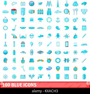 100 blue icons set, cartoon style Stock Vector