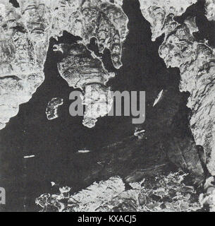 Aerial reconnaissance photo showing Bismarck anchored (on the right) in Norway, Battleship Bismarck, Aerial reconnaissance photograph taken by Flying Officer Michael Suckling on 21 May 1941 in Norway. Bismarck was the first of two Bismarck-class battleships built for Nazi Germany's Kriegsmarine. Named af Stock Photo