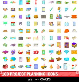 100 project planning icons set, cartoon style Stock Vector
