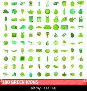 100 green icons set, cartoon style Stock Vector