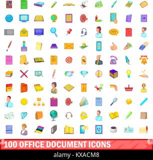 100 office document icons set, cartoon style Stock Vector