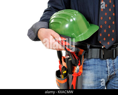 Elegant electrician technician with helmet and protective gloves in his hand isolated on white background. Stock Photo