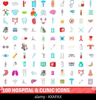 100 hospital and clinic icons set, cartoon style Stock Vector