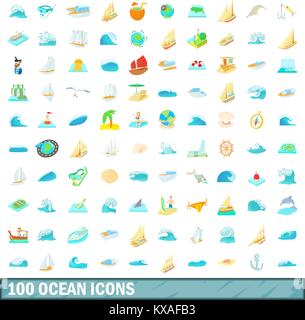 100 ocean icons set, cartoon style Stock Vector