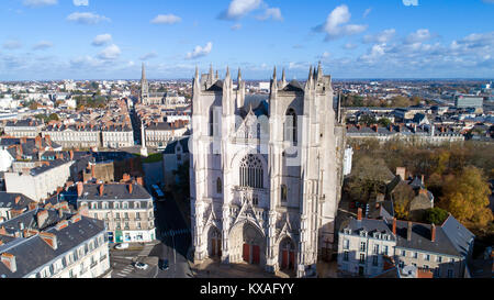 Aerial photo of Saint Pierre and Saint Paul cathedral in Nantes city center, France Stock Photo