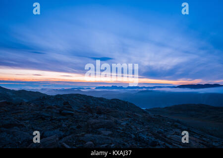 Rocky landscape, mountain ranges at dusk, West Greenland, Greenland Stock Photo