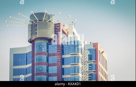 Wellington, New Zealand - 28 September, 2015: The top of the Majestic Centre which is the tallest building in Wellington located at 100 Willis Street. Stock Photo