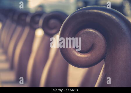 Wellington, New Zealand - 28 September 2015: Close up image of sylized Koru bollards between Civic Square and Wakefield Street. Stock Photo