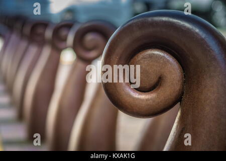 Wellington, New Zealand - 28 September 2015: Close up image of sylized Koru bollards between Civic Square and Wakefield Street. Stock Photo