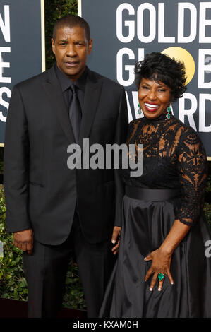 Denzel Washington and his wife Pauletta Washington attend the 75th Annual Golden Globe Awards held at the Beverly Hilton Hotel on January 7, 2018 in Beverly Hills, California. Stock Photo