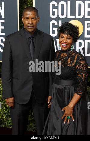 Beverly Hills, USA. 07th Jan, 2018. Denzel Washington and his wife Pauletta Washington attend the 75th Annual Golden Globe Awards held at the Beverly Hilton Hotel on January 7, 2018 in Beverly Hills, California. Credit: Geisler-Fotopress/Alamy Live News Stock Photo