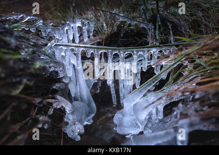Ilkley, West Yorkshire, UK. 9th Jan, 2018.UK Weather: Ilkley, West Yorkshire, UK. 9th Jan, 2018. Beautiful icicles form in today's freeze thaw weather conditions on Ilkley Moor. Credit: Rebecca Cole/Alamy Live News Stock Photo