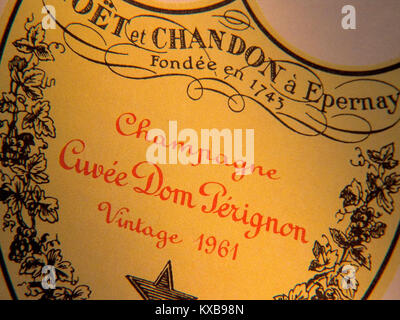 Dom Perignon Champagne original 1961 label close up on exceptional fine vintage year Dom Perignon luxury vintage champagne bottle label Moet Chandon Epernay France Stock Photo