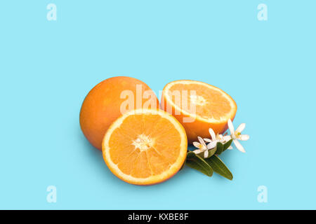 Delicious Orangr fruit isolate. Orange with leaves isolated on blue Stock Photo