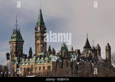 East Block of federal government Parliament buildings with Peace Tower Centre Block and Library and Canadian War Memorial in Ottawa Canada Stock Photo