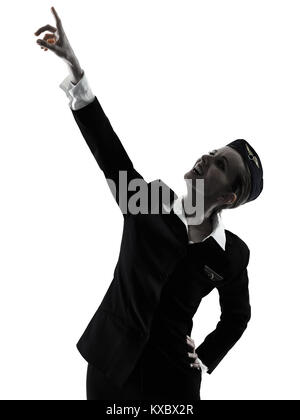 one caucasian Stewardess cabin crew  woman pointing showing isolated on white background in  silhouette Stock Photo