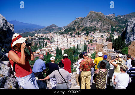 Taormina, view from Teatro Greco to Aetna, Sicily, ITALY, Europe Stock Photo