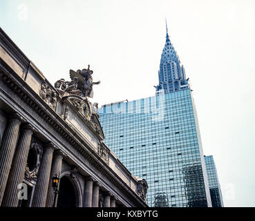 New York 1980s, Grand Central Terminal train station pediment, The Grand Hyatt hotel, top Chrysler building, Manhattan, New York City, NY, NYC, USA, Stock Photo