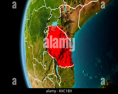 Evening over Tanzania as seen from space on planet Earth with visible border lines and city lights. 3D illustration. Elements of this image furnished  Stock Photo