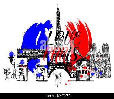 Set of hand drawn sketch style France themed objects. Vector illustration isolated on white background. Stock Vector