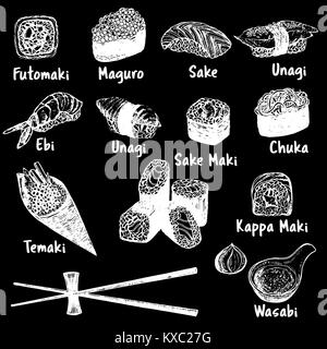 Hand drawn sketch style set of sushi. Vector illustration isolated on black background. Stock Vector