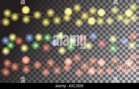 Christmas multicolored glowing garlands on a transparent background Stock Vector