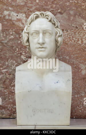 German writer Johann Wolfgang von Goethe. Marble bust by German sculptor Christian Friedrich Tieck (1808) on display in the hall of fame in the Walhalla Memorial near Regensburg in Bavaria, Germany. Stock Photo