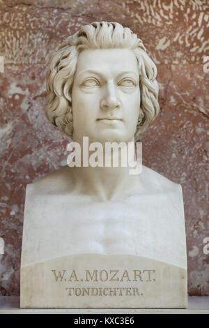 Austrian composer Wolfgang Amadeus Mozart. Marble bust by German sculptor Franz Xaver Schwanthaler (1841) on display in the hall of fame in the Walhalla Memorial near Regensburg in Bavaria, Germany. Stock Photo