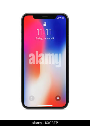 Apple iPhone X, large screen smartphone with colorful locked red blue screen. The phone is isolated on white studio background with a clipping path. Stock Photo