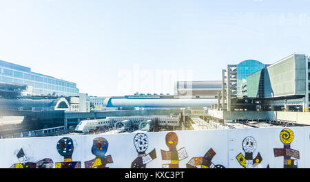 Washington DC, USA - October 27, 2017: View of Union Station train tracks in capital city with Securities and Exchange Commission building or SEC Stock Photo