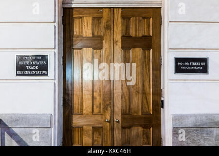 Washington DC, USA - December 28, 2017: United States Trade Representative visitor entrance wooden door and sign Stock Photo