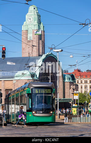 FINLAND, HELSINKI, JUL 02 2017, a modern tram ride beside main railway station at Helsinki (Helsingin Rautatieasema), Finland. Stock Photo