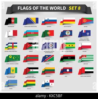 All flags of the world set 8 . Waving ribbon style . Stock Vector