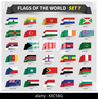 All flags of the world set 7 . Waving ribbon style . Stock Vector